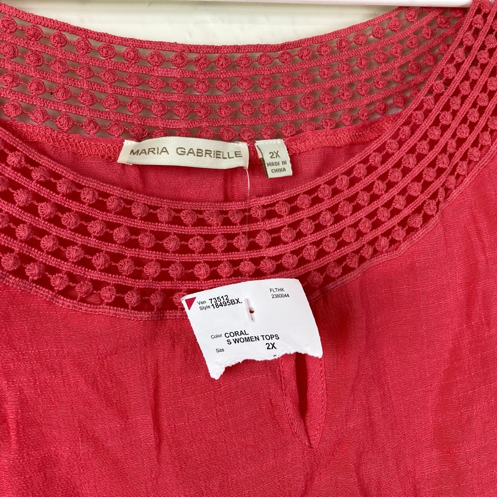 NEW Maria Gabrielle Blouse Women 2X Coral‎ Crochet Lace Keyhole Boho Top Coastal - Picture 5 of 9